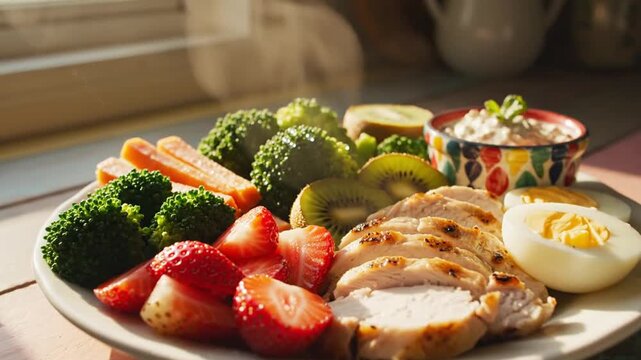 Fresh plated chicken breast with boiled egg, vibrant broccoli and kiwi assortment on a colorful rustic table