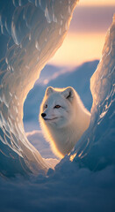 Obraz premium An arctic fox framed by icy formation, showcasing fur and eye detail against a sunset background, representing nature, wildness, and arctic environment