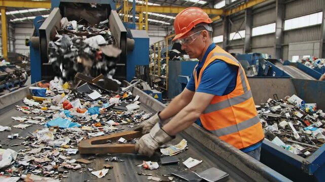Recycling Plant Worker Sorting Materials for Processing and Reuse.
