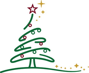 Minimalist stylized Christmas tree illustration with green curved lines, red ornaments, festive star, and golden sparkles, symbolizing holiday cheer, seasonal 