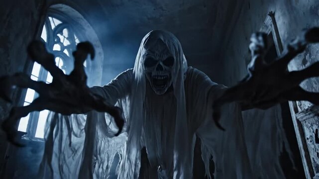 Spooky Ghostly Figure Reaching Out in Haunted Room.
