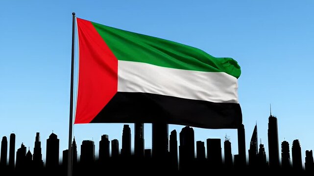 United Arab Emirates Flag Waving Over Dubai Skyline - Business & Travel Icon