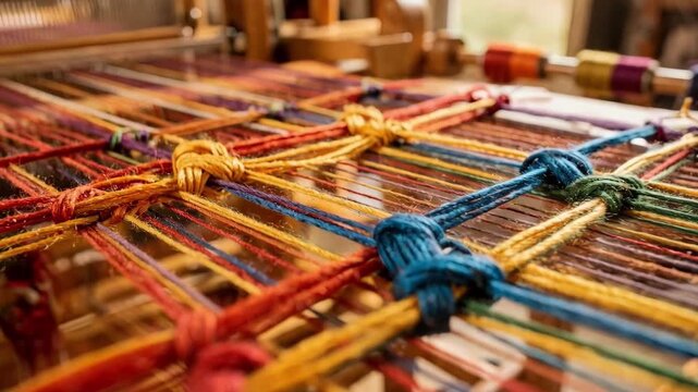 Colorful yarns being tied and knotted on a warp bench emphasizing vibrant thread textures and the intricate pattern setup before weaving.