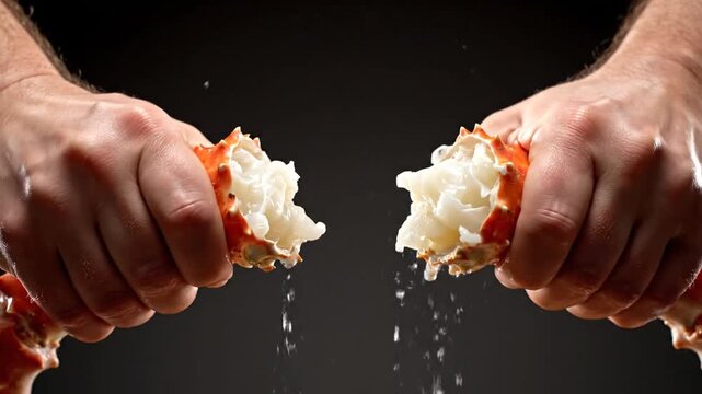 Multiple shots of hands breaking and squeezing a crab leg with white meat and juices spilling out against a black background, showing the process of extracting food.
