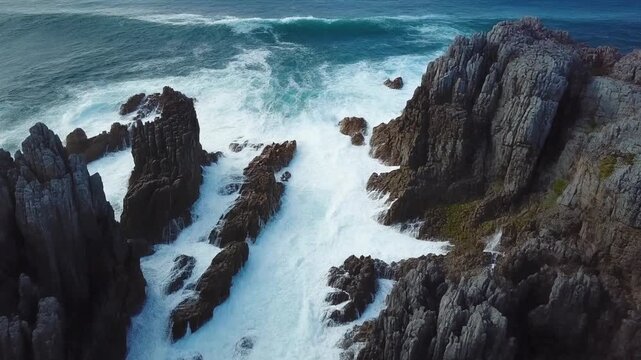 Aerial view of rugged rocky coastline with waves crashing against the cliffs and sea spray