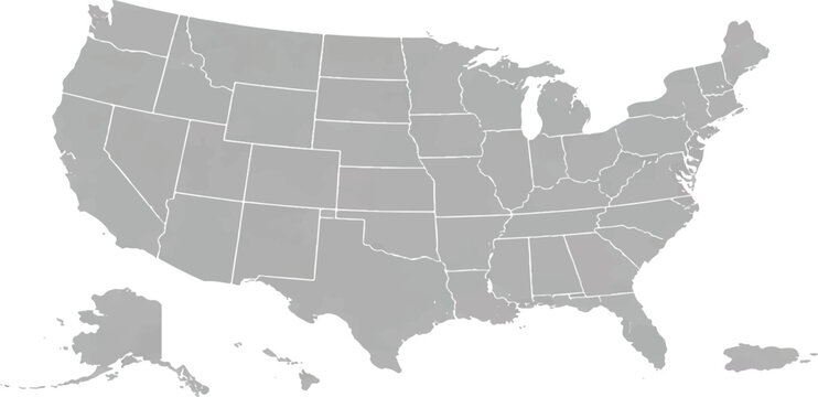 Map of the United States of America showing all states and borders, a grayscale graphic illustration