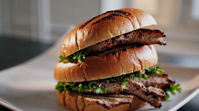 stacked grilled chicken sandwich with bun and parsley on plate closeup showing meat and grill mark and sauce drizzle creating appetizing burger presentation for casual restaurant or home meal