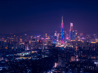 Fototapeta premium Aerial nightscape of Guangzhou China illuminated city skyline