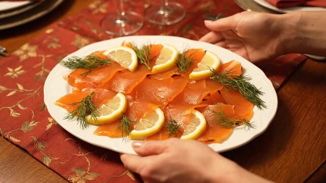 A person presents a plate of smoked salmon garnished with lemon slices and herbs during a festive dinner, with a red patterned tablecloth, cutlery, and glasses visible.