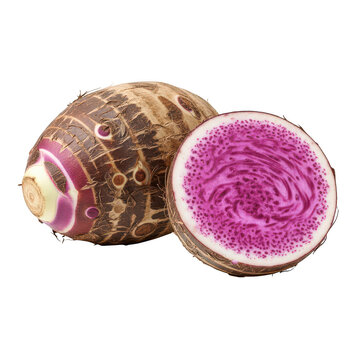 A whole and halved taro root displays its unique purple interior ideal for graphic design on transparent background