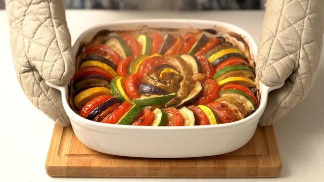 A colorful vegetable lasagna with sliced zucchini, eggplant, bell peppers, and tomatoes arranged in a circular pattern in a baking dish, being cooled or prepared for serving.