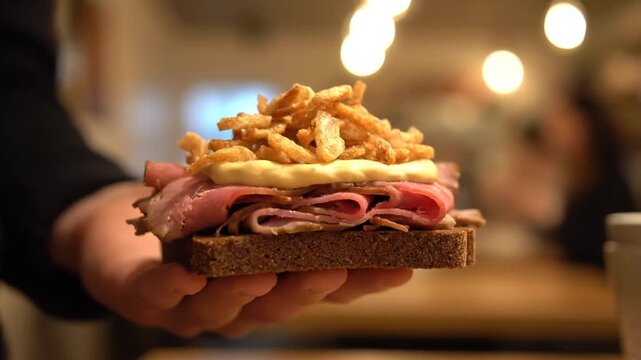 A person prepares an open-faced sandwich with ham, cheese, fried onions, and fresh dill on toasted bread in a cozy, warmly lit restaurant setting. The sandwich is assembled step-by-step, showing addi