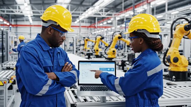Engineers Collaborate on Laptop in Modern Factory Setting.