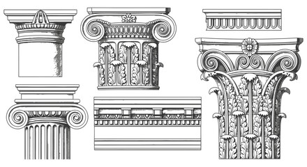 Fototapeta premium Architectural column designs showcasing intricate details and classical elements in a technical drawing style for building and construction purposes