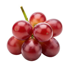 A cluster of six vibrant red grapes with a single green stem isolated on transparent background