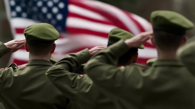 American Soldiers in Green Berets Saluting the United States Flag During a Patriotic Ceremony, Military Honor
