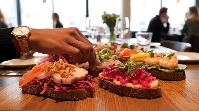 People enjoying a gourmet spread with assorted cold cuts, smoked salmon, diced beetroot, and sliced vegetables in a bright, communal dining setting.
