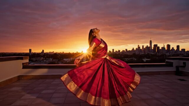 Woman in Red Saree Dancing at Sunset with City Skyline.