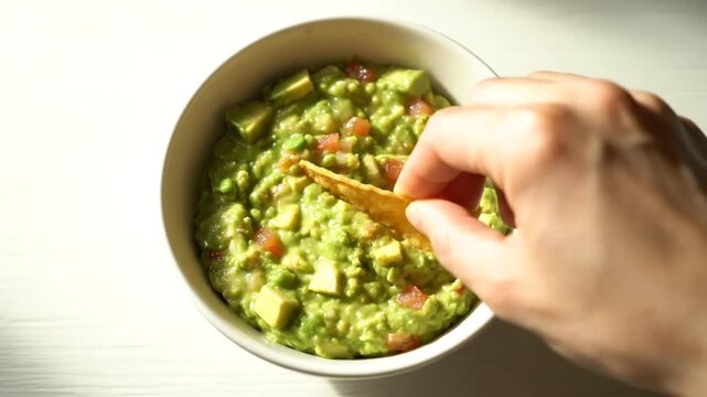 A person dips a tortilla chip into a bowl of guacamole, enjoying the snack. The guacamole contains diced vegetables and is set on a white surface with bright lighting.