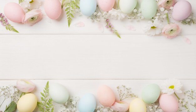 Easter eggs and spring flowers frame on white wooden background with copy space