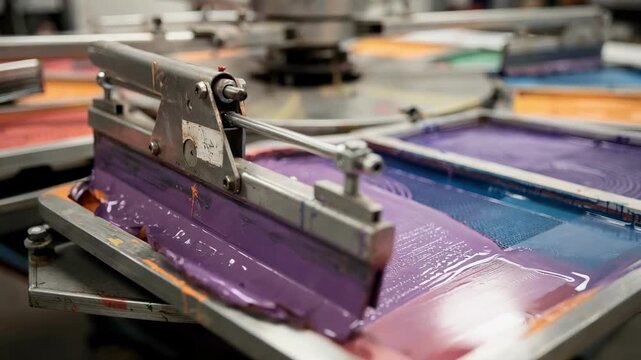Closeup medium shot highlighting a screen printing carousel creating intricate gradient patterns on fabric emphasizing smooth color transitions and precise alignment.