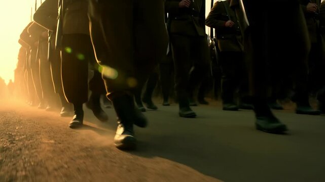 Low Angle View of Soldiers Boots Marching on a Dusty Road in a War-Torn Landscape
