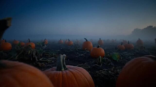 Pumpkins ripe in the field at dusk with fog rolling in, viewed from a low angle amidst the vines and plants in the landscape