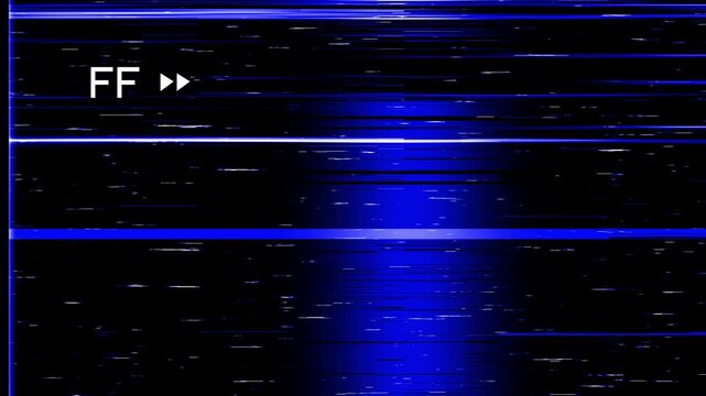 Rewind ff sign blue static background displays ff text alongside a forward rewind symbol. Videocassette recorder. Damaged cassette type, bad signal. TV noise. Retro, vintage 90s style animation. 4k
