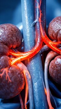 Chronic kidney disease artery vein anatomy medical healthcare organ urology concept with glowing blood vessel connection and renal failure nephrology diagnosis human organ anatomy medical illustration