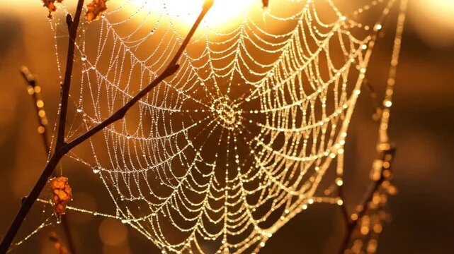 A spider web glistens with dew drops on a branch at sunrise with intricate patterns and delicate threads reflecting morning light