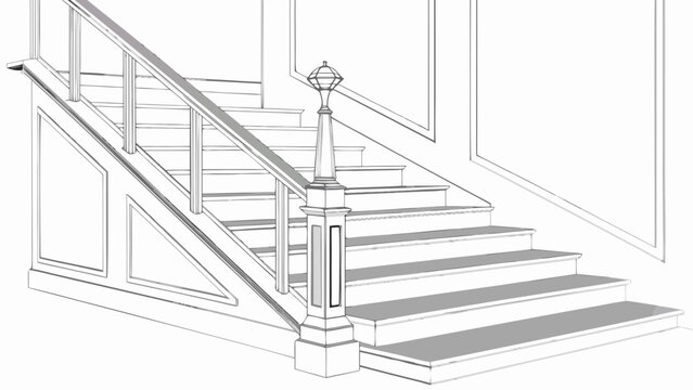 Architectural drawing of a classic wooden staircase with railing and newel post.