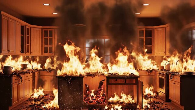 Kitchen Inferno - A Dramatic Scene of Fire and Destruction.