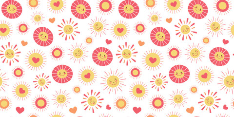 Cheerful suns and hearts. Seamless pattern. Cute, bright cartoon suns with smiles on their faces. A colorful spring-summer background. Wallpaper, decor.