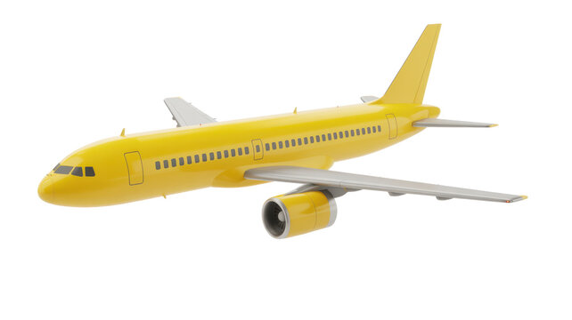 Yellow airplane with silver wings and engines from another angle isolated on a transparent background