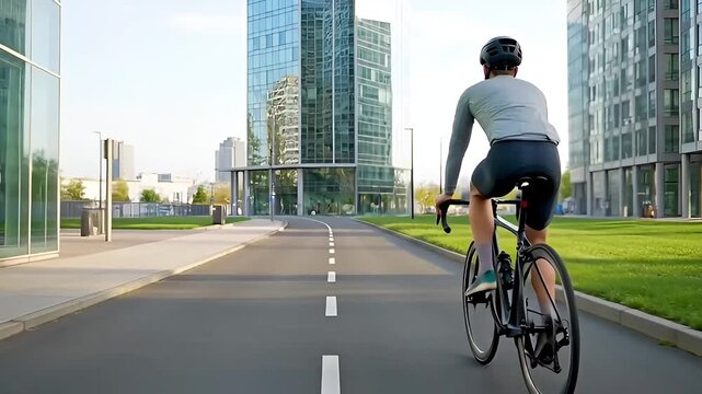 Male cyclist riding a road bike on an empty modern city street between glass office buildings. Back view, sunny morning light, urban commuting and fitness lifestyle.