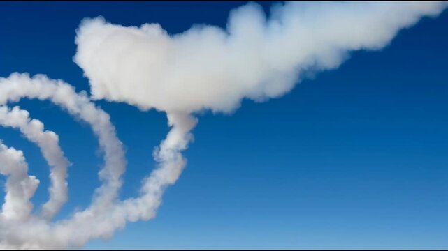 Rocket Missile with Fiery Exhaust Trail Flying in Clear Blue Sky, Leaving Dynamic Smoke Spirals and Cloud Formations