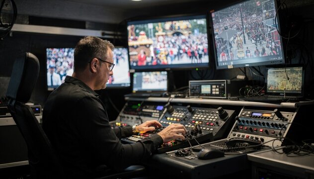 Inside a mobile production unit focus on a broadcast operator adjusting intercom panels with outoffocus monitors displaying parade footage around.