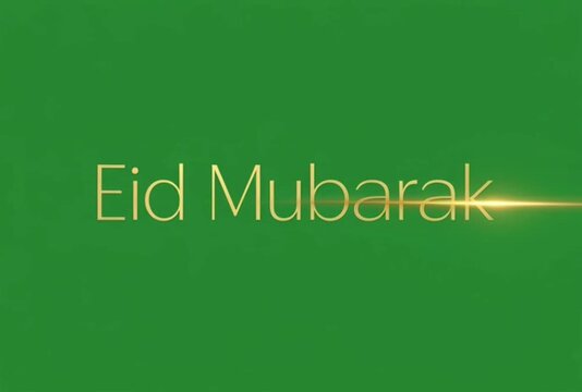 Golden 'Eid Mubarak' Text with a Lens Flare Effect Flies Across a Green Background, Dynamic Motion