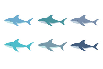 Obraz premium Set of Cartoon Shark Icons, Blue Gradient Shark Silhouettes, Ocean Marine Animals Pixel Style