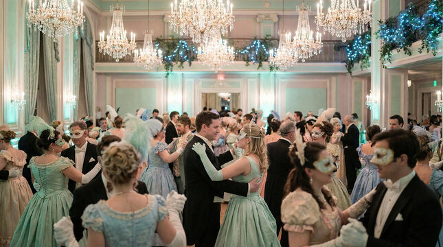 Elegant masked ball with couples dancing in a luxurious ballroom