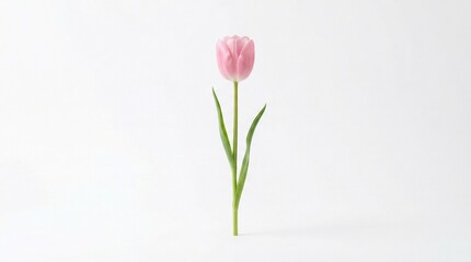 Fototapeta premium A delicate pink tulip stands tall against a crisp white background, symbolizing spring's gentle arrival and the beauty of nature's renewal