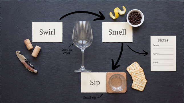 Wine Tasting Steps Infographic, Mixed Media Flat Lay With Real Objects, Labeled Swirl Smell Sip Workflow Template.