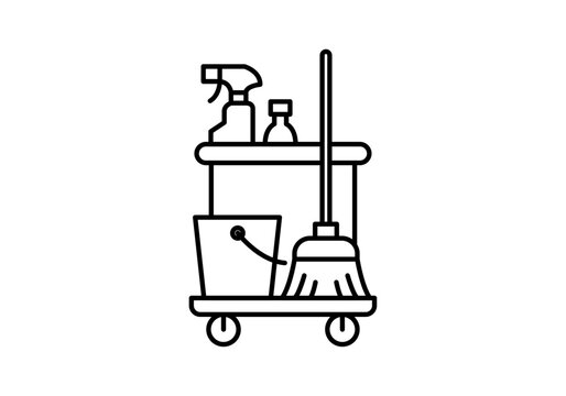 Icono carrito de limpieza con ruedas equipado con cubo escoba y productos desinfectantes en estilo lineal