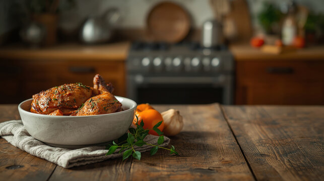 Pollo stufato alla francese con erbe aromatiche su tavolo rustico. Generative  AI 
