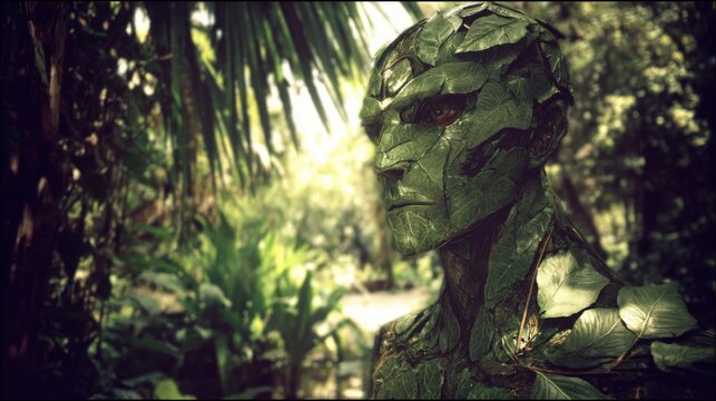Enigmatic green humanoid figure sculpted from lush foliage, standing amidst a vibrant forest.