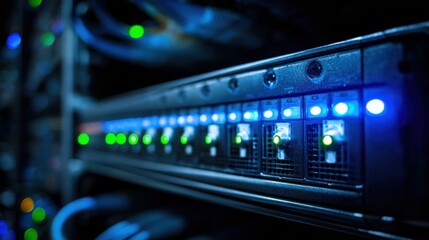 Naklejka premium Illuminated Server Rack with Blinking Lights in a Dark Data Center