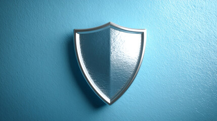 A shiny metallic shield emblem on a blue background for protection and security