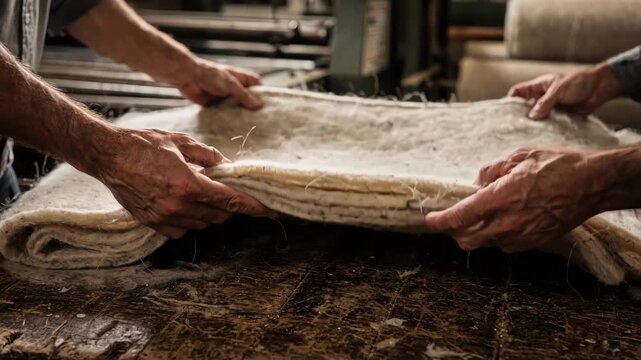 Closeup of skilled workers shaping thick wool felt sheets for industrial machine padding highlighting traditional textile craftsmanship and natural fiber quality.