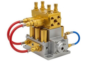 High pressure hydraulic pump with multiple connections and colorful hoses isolated on white background