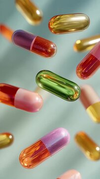 colorful vitamin capsules floating background for dietary supplement concept, colorful vitamin capsules floating background for wellness nutrition and daily health routine